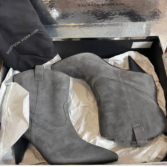 NIB! Sigerson Morrison 9.5 Suede Western Ankle Boots Shearling Cone Heels Gray - Picture 7 of 12